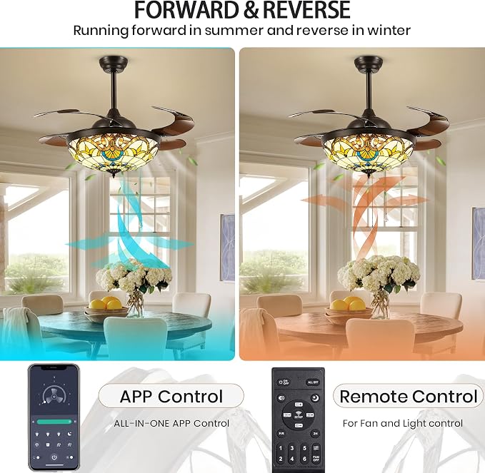 42" Tiffany Ceiling Fans with Lights Stained Glass Ceiling Fan Retractable Chandelier Fan with Remote Control Dimmable with 4 Reverse Blades for Bedroom, Living and Dining Room