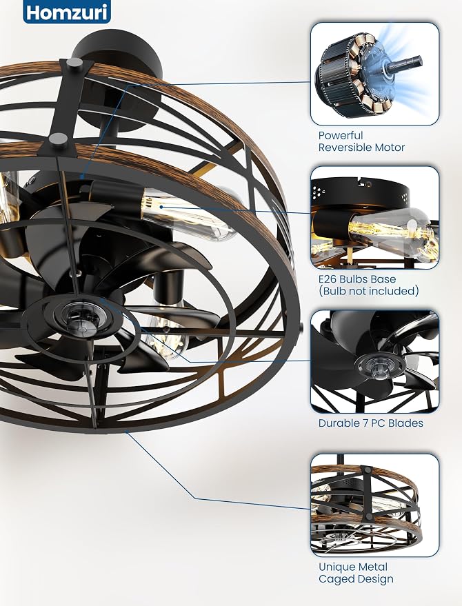 20" Caged Ceiling Fan with Light and Remote App Control, Rustic Round Downrod Mount Ceiling Fandelier Lights, 6 Speed and Reversible, Farmhouse Industrial Style for Bedroom, Kitchen