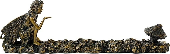 Top Collection Fairy and Mushroom Incense Holder-Hand Painted Mythical Creature with Bronze Finish Look - 10-Inch Collectible Figurine