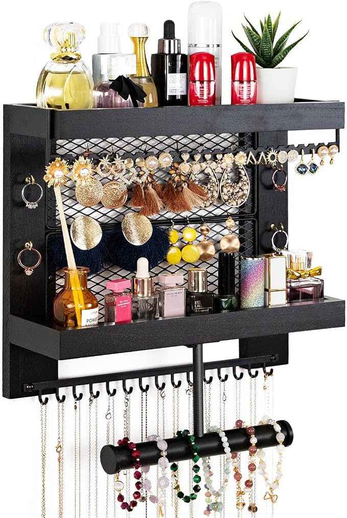 Pinzoveco Hanging Jewelry Organizer Wall Mounted With Wall Jewelry Organizer Holder For Necklaces Bracelet Earrings Ring (Black)