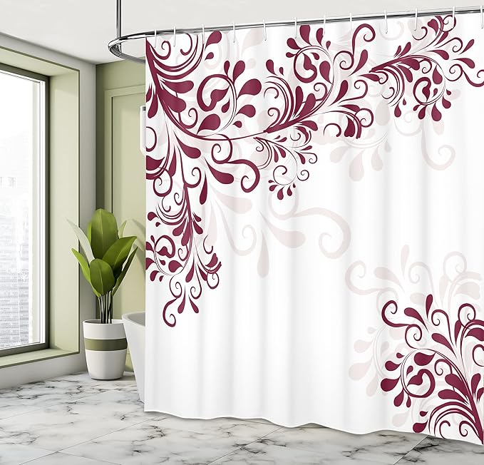 Ambesonne Oriental Shower Curtain, Floral Ivy Swirls and Leaves Abstract Modern Frame Like Artwork Image, Cloth Fabric Bathroom Decor Set with Hooks, 69" W x 70" L, Maroon Eggshell