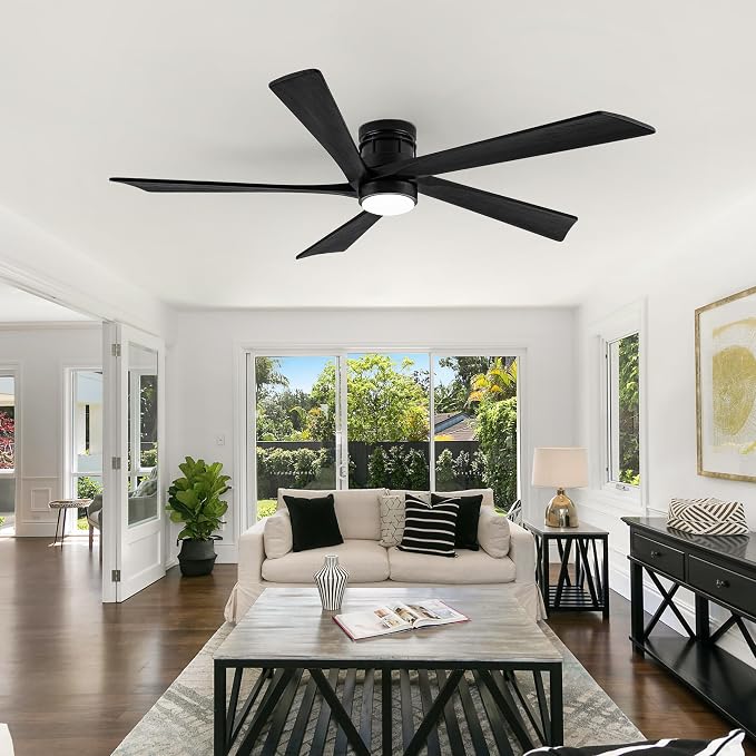 EKIZNSN 54 Inch Outdoor Low Profile Flush Mount Ceiling Fans with Lights for Patios, 110V Noiseless Reversible DC Motor, 6-Gear Speed (Black Finish with Black Blades)