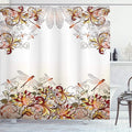 Ambesonne Floral Shower Curtain, Dragonflies and Wildflowers Romantic Illustration of Nature with Ornamental Swirls, Cloth Fabric Bathroom Decor Set with Hooks, 69" W x 70" L, White Brown
