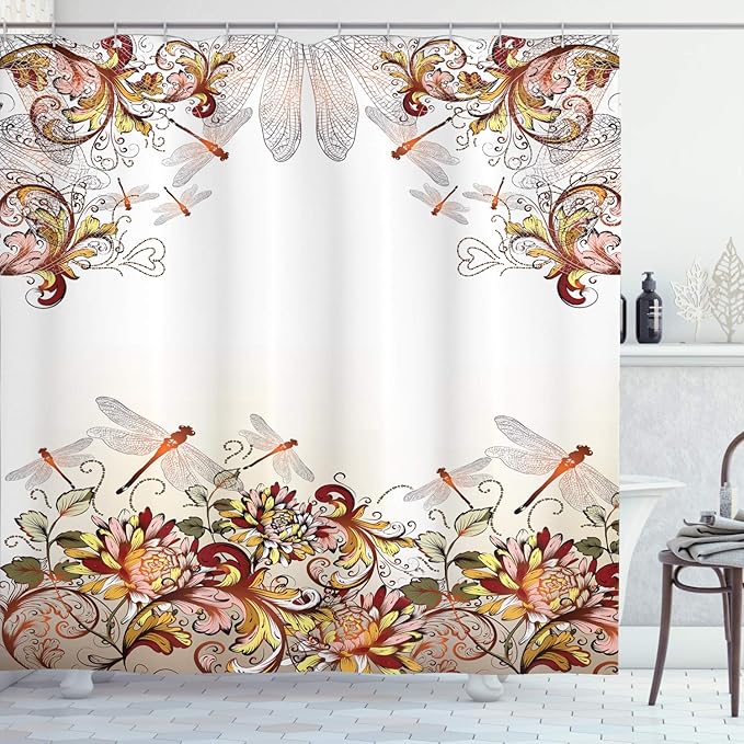 Ambesonne Floral Shower Curtain, Dragonflies and Wildflowers Romantic Illustration of Nature with Ornamental Swirls, Cloth Fabric Bathroom Decor Set with Hooks, 69" W x 70" L, White Brown
