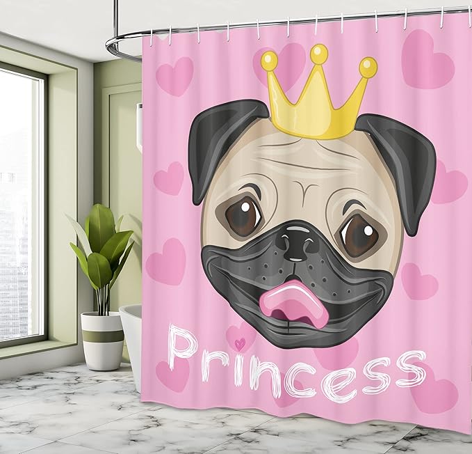 Ambesonne Feminine Shower Curtain, Happy Smiling Cartoon and Pug Dog with Tiara Pink Hearts on Background, Cloth Fabric Bathroom Decor Set with Hooks, 69" W x 75" L, Yellow Black and Pink
