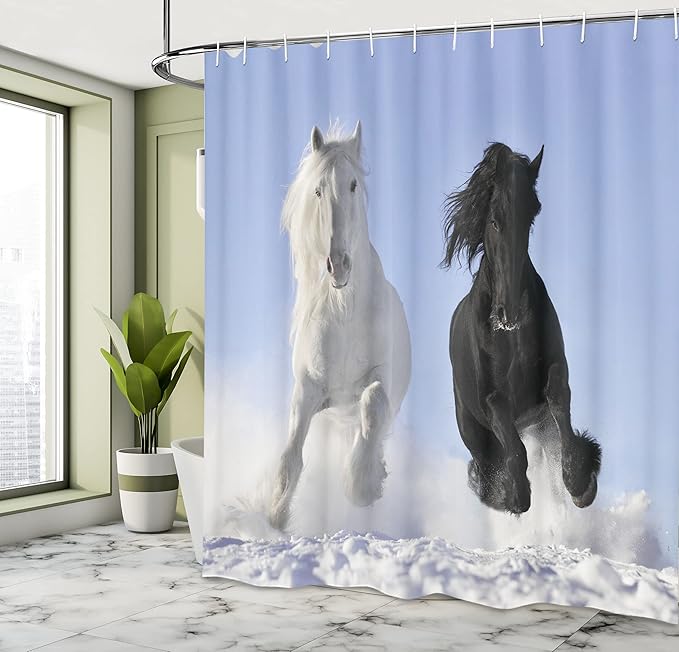 Ambesonne Horses Shower Curtain, Competing Racing Black and White Horses on Snow and Evil Mythical Symbolic Creatures, Cloth Fabric Bathroom Decor Set with Hooks, 69" W x 75" L, Blue