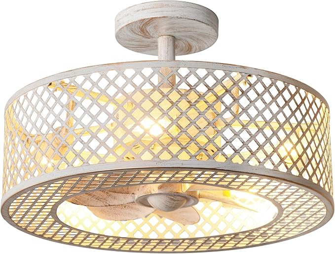 REDSTAR Caged Ceiling Fans with Lights, White Industrial Ceiling Fan with Light and Remote, Farmhouse Ceiling Fan Light for Living Room, Bedroom, Kitchen (Modern Minimalist W)