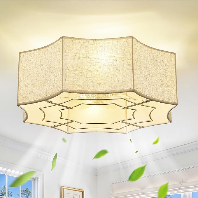 RUIYEY Remote Ceiling Fans with Lights: 20" Caged Flush Mount Ceiling Fan with Fabric Shade, 7 Blades 6 Speeds DC Reversible E26 4 Light Modern Low Profile Fandelier for Bedroom Kitchen Nursery