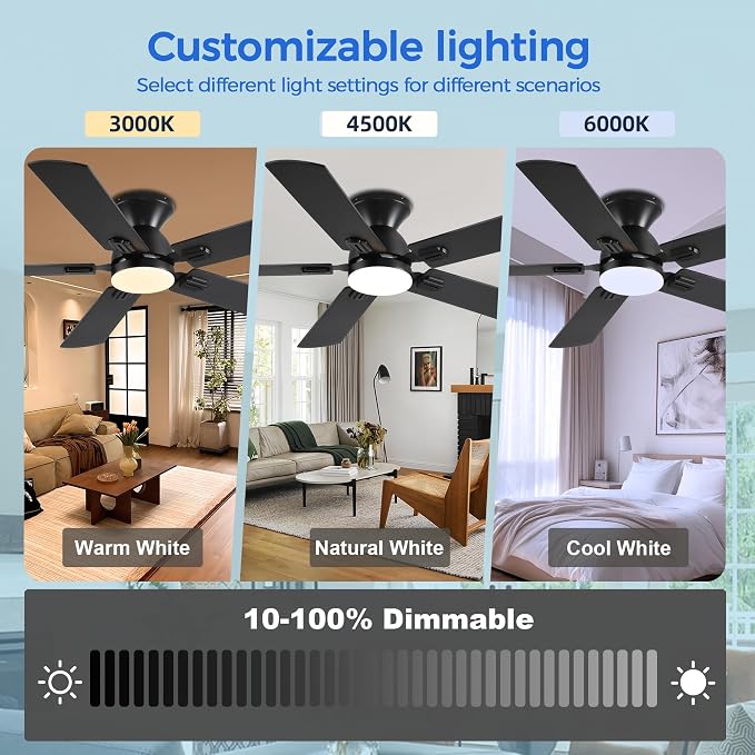 Ayaoty Ceiling Fan with Light - 52" Black Flush Mount Fandliers | 3CCT Dimmable, Reversible, Low Profile Fan Light for Indoor Modern Bedroom, Kitchen
