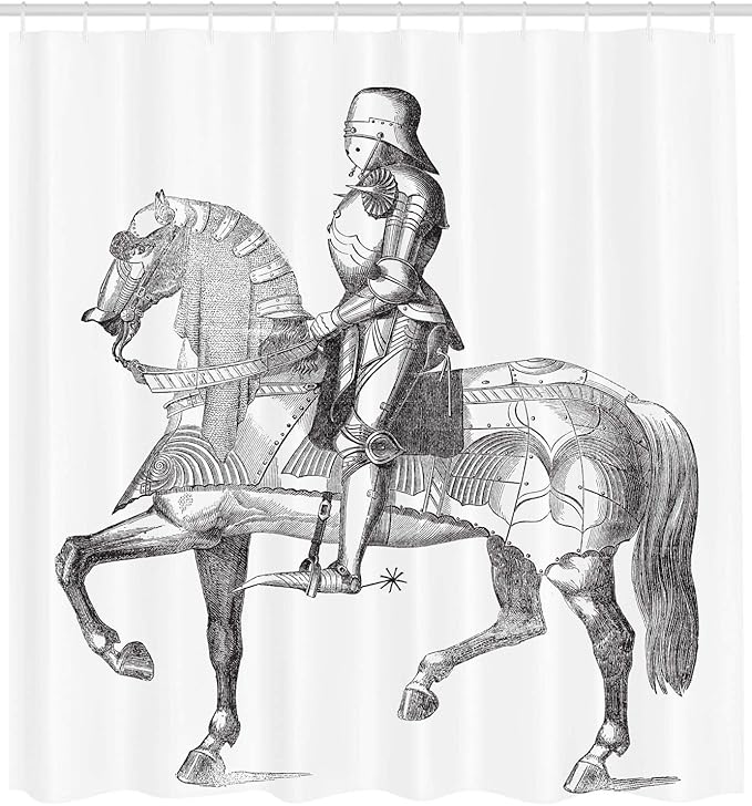 Ambesonne Medieval Shower Curtain, Retro Vintage Illustration of Middle Age Renaissance Knight on The Horse, Cloth Fabric Bathroom Decor Set with Hooks, 69" W x 75" L, White Grey