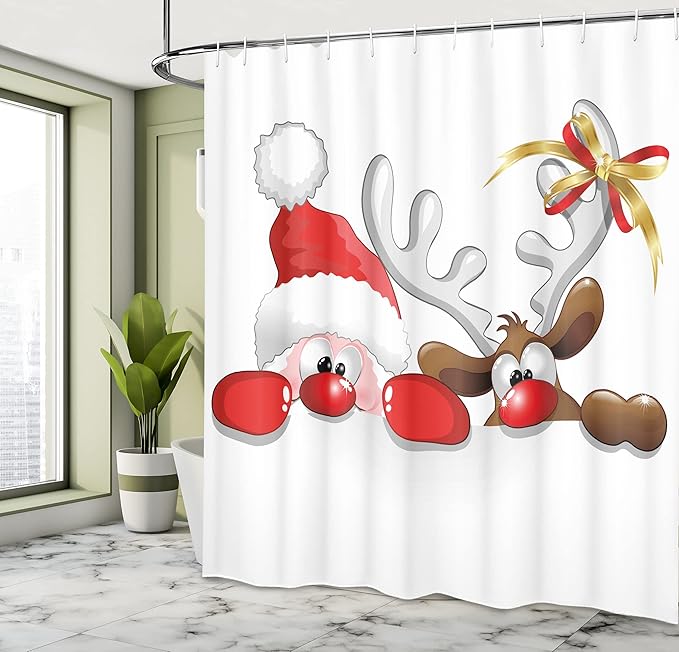 Ambesonne Christmas Shower Curtain, Funny Christmas Santa Claus and Reindeer Peeking Cartoon Style Humor, Cloth Fabric Bathroom Decor Set with Hooks, 69" W x 70" L, Vermilion Caramel White