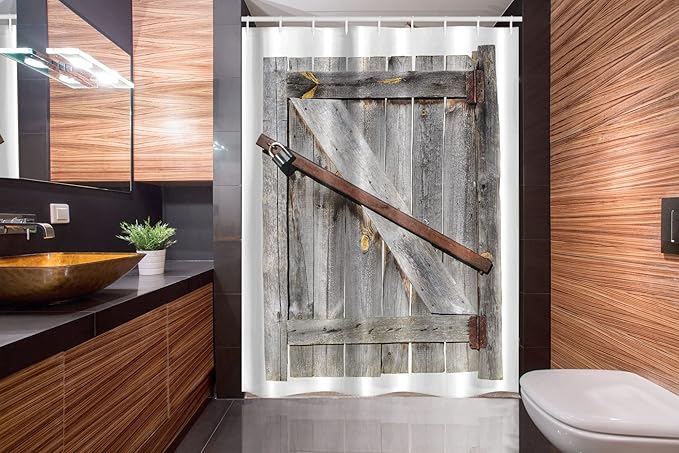 Ambesonne Rustic Stall Shower Curtain, Aged Wood Barn Door with Rusty Crossed Locks Abandoned Western Farmhouse Design, Fabric Bathroom Decor Set with Hooks, 54" W x 78" L, Brown