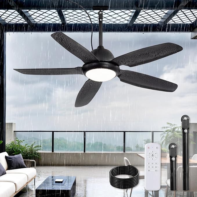 Fanbulous 52 Inch Waterproof Outdoor Ceiling Fan with Light for patio,Black | IP65 Wet Rated, 3CCT Dimmable Light,Remote Control,6-Speed DC Motor, Plug-in Cord, Hanging Hook for Gazebo, Porch, Pergola.