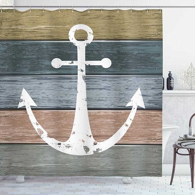 Ambesonne Anchor Shower Curtain, Timeworn Marine Pattern and Grunge Weathered Wooden Planks Rustic Style Nautical, Cloth Fabric Bathroom Decor Set with Hooks, 69" W x 75" L, Khaki Teal