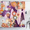 Ambesonne Japanese Shower Curtain, Bohemian Textured Round Shaped Colored Flower Forms in Different Sizes, Cloth Fabric Bathroom Decor Set with Hooks, 69" W x 75" L, Reseda Green