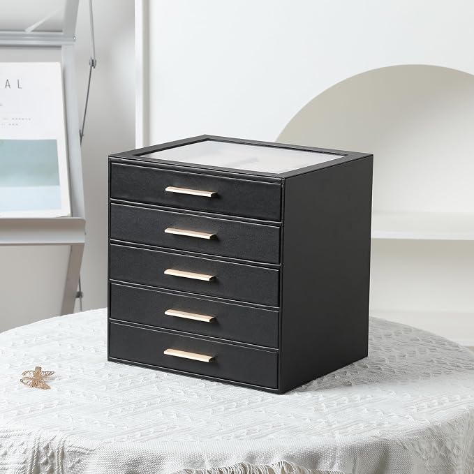Frebeauty Jewelry Box for Women,Clear Lid Jewelry Organizer with 5 Drawers | Faux Leather,Velvet Lining,5-Layer Large Capacity,Jewelry Storage for Rings Earrings,Dustproof Design,Golden Stylish Handle