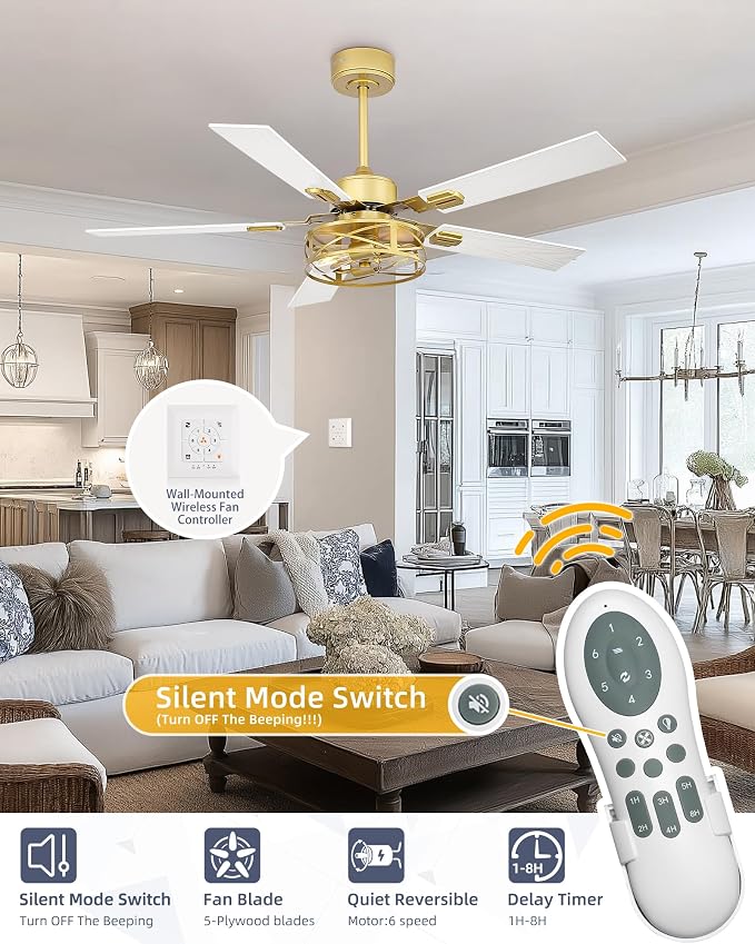 YOUKAIN 48 Inch Ceiling Fans with Lights, Farmhouse Ceiling Fans with Wall Switch and Remote Control, 5-Reversible, Gold Finish, Outdoor Ceiling Fan for Cover Patio, 48-YJ632-GDW-WS