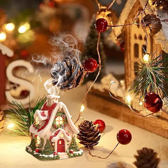 Incense Burner, Cute Christmas Log Cabin Incense Burner, Resin Cone, Portable Holder for Holiday Decor Home Indoor Gifts, Cone Holder