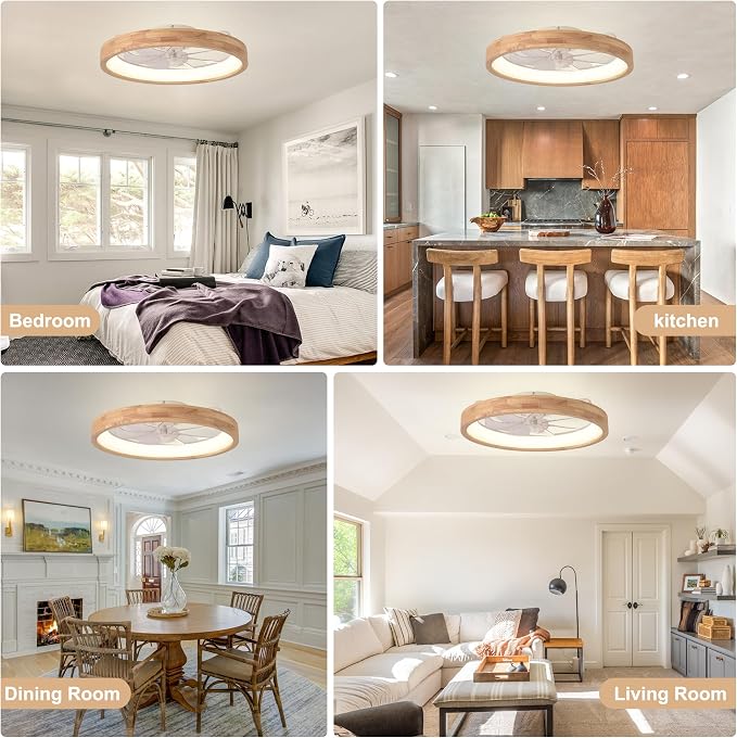 24" Solid Wood Low Profile Ceiling Fan with Light and Remote/APP | Reversible Quiet DC Flush Mount Fan Light,6 Speed Dimmable 3 Color Temperature for Bedroom Kidsroom Dining Room