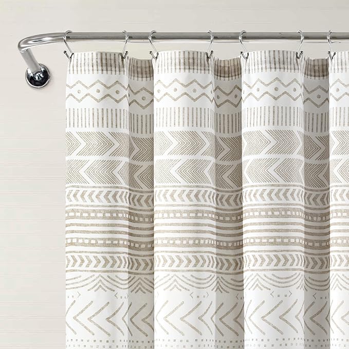 Lush Decor Hygge Geo Shower Curtain, 72" W x 72" L, Taupe/White - Curtain For Bathroom - Striped Bathroom Decor - Netural Color Home Accessories - White Home Accessories - Geometric Scandinavian Print
