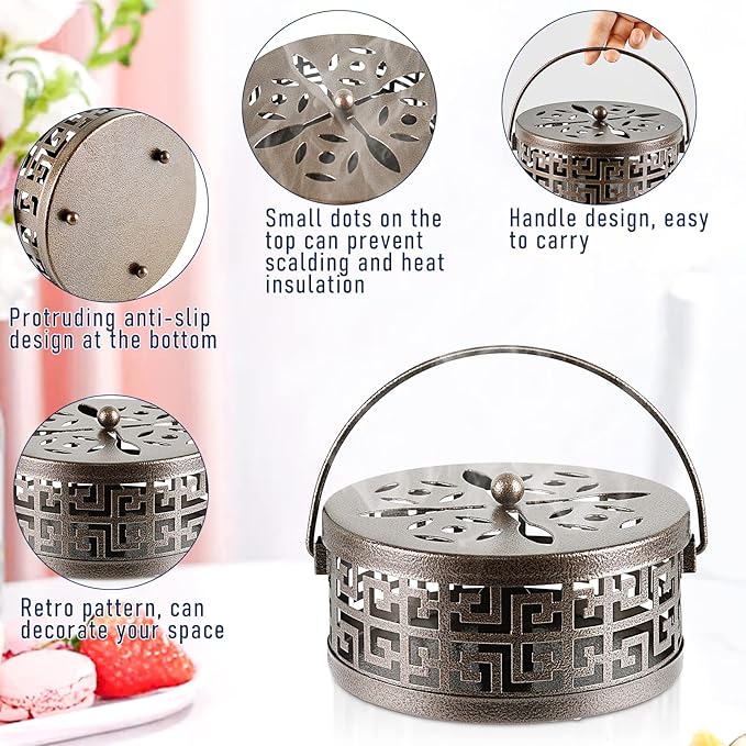 Exquisite Metal Mosquito Coil Holder Long-Lasting Coil Incense Burner for Indoor and Outdoor (Bronze)