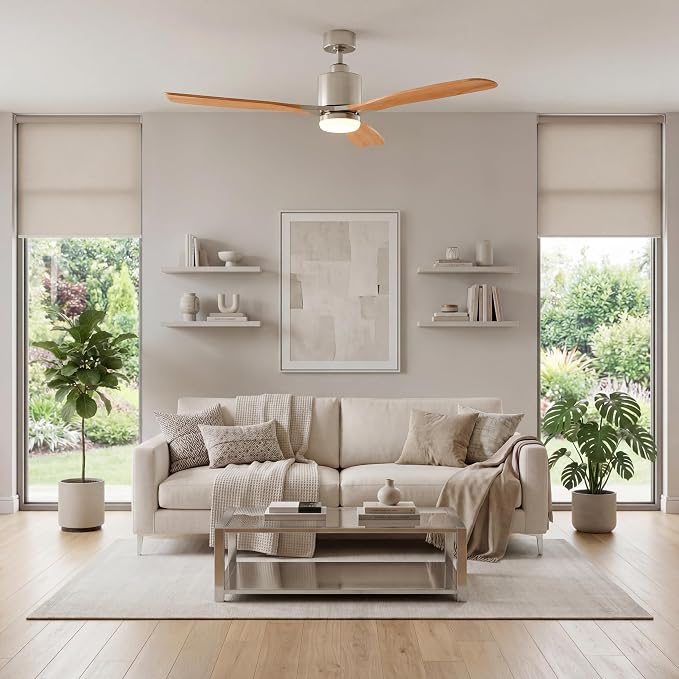Kichler Ridley II 52 in Ceiling Fan with Light, 3-Blade LED Indoor Fan with Etched Cased Opal Glass in Brushed Stainless Steel, Medium Oak Blades for Living Room, 300027BSS