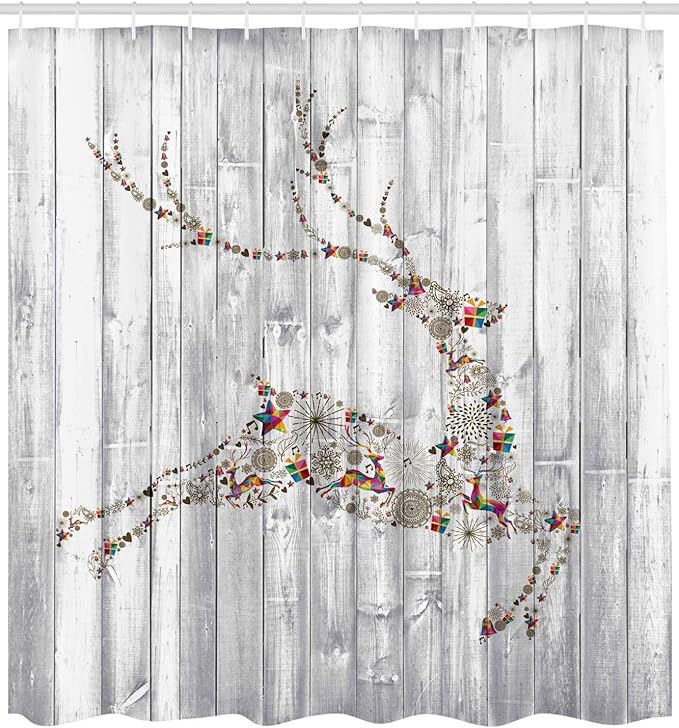 Ambesonne Deer Shower Curtain, Colorful Animal Silhouette Various Christmas Elements Wooden Planks Theme, Cloth Fabric Bathroom Decor Set with Hooks, 69" W x 75" L, Grey Multicolor