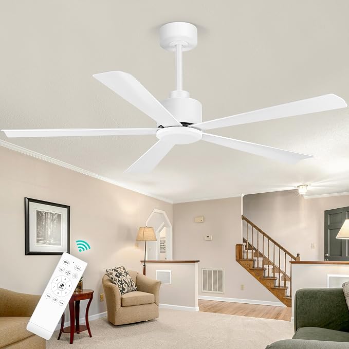 52 Inch 5 Blade Ceiling Fans without Light and Remote Control, Quiet Reversible DC Motor, 6-Speed, Modern Industrial Ceiling Fan for Home Kitchen Bedroom (White)