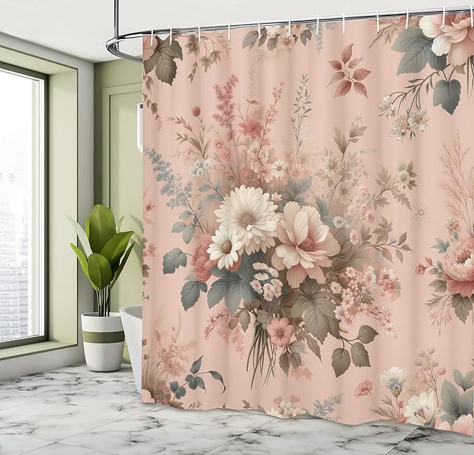 Ambesonne Floral Shower Curtain, Vintage Farmhouse Delicate Wild Flowers Arrange on Pastel Plain Back, Cloth Fabric Bathroom Decor Set with Hooks, 69" W x 75" L, Blush Pale Reseda Green