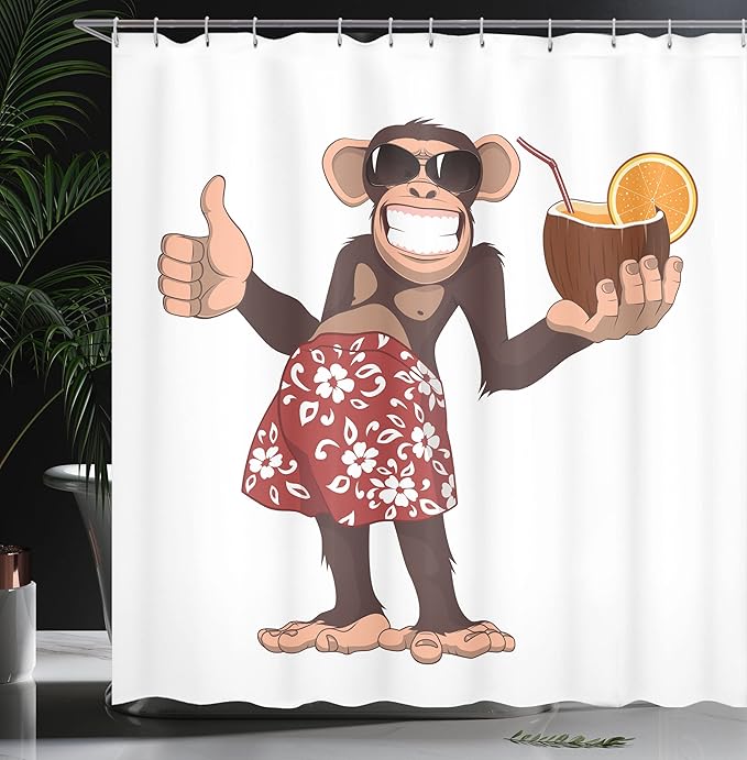 Ambesonne Cartoon Shower Curtain, Happy Chimpanzee Holding a Cocktail and Smiling Piggle Ape Cheerful Comic Art, Cloth Fabric Bathroom Decor Set with Hooks, 69" W x 75" L, Brown Ruby