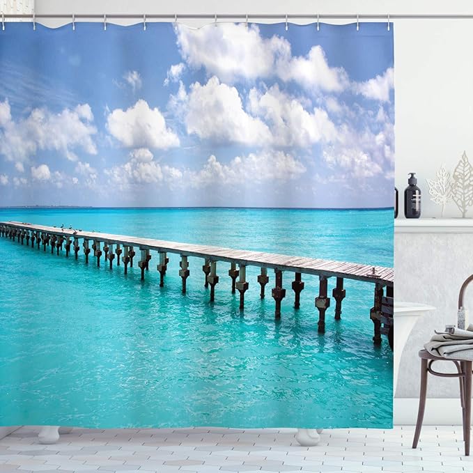 Ambesonne Beach Shower Curtain, Duck in Clear Empty Ocean on a Sunny Day Tropical Coastal Themed Image, Cloth Fabric Bathroom Decor Set with Hooks, 69" W x 70" L, White Turquoise
