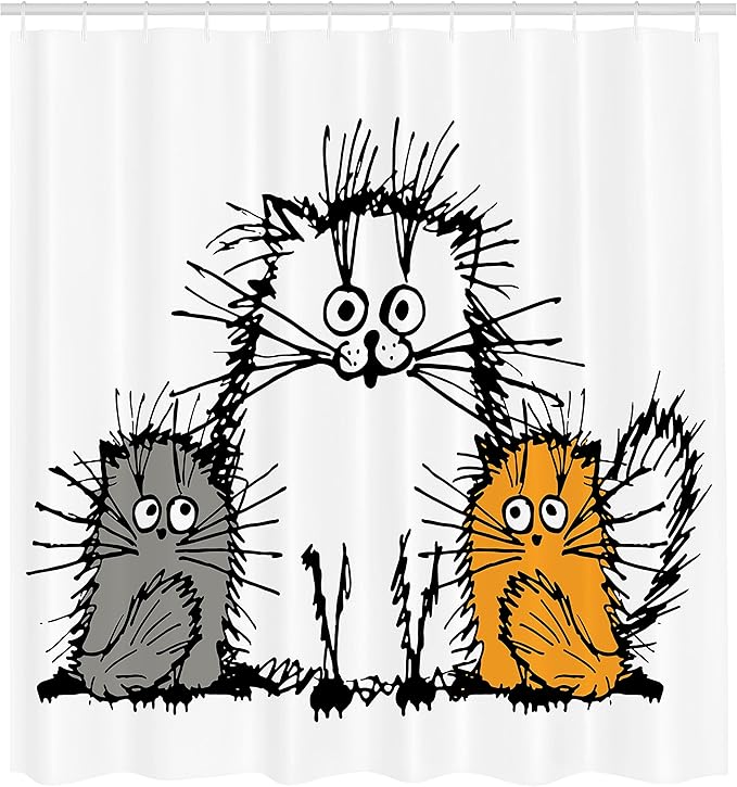 Ambesonne Sketchy Shower Curtain, Fluffy Cat Family with Mother Babies Feline Animal Humor Illustration, Cloth Fabric Bathroom Decor Set with Hooks, 69" W x 70" L, Orange White Grey