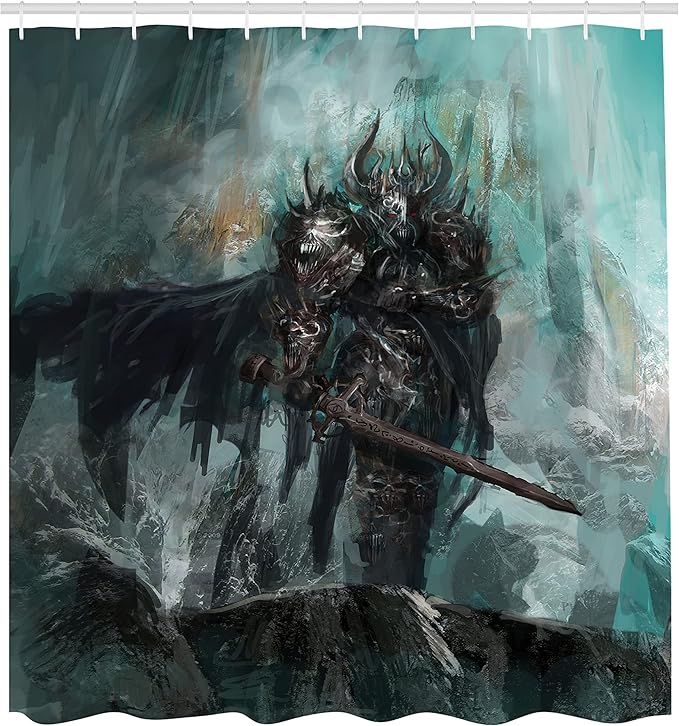 Ambesonne Fantasy World Shower Curtain, Knight of The Dead Dark Immortal Grunge Watercolor Design, Cloth Fabric Bathroom Decor Set with Hooks, 69" W x 70" L, Turquoise Black Brown