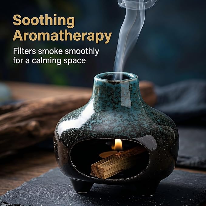 Palo Santo Holder Ceramic,BAOBYAO Blue Palo Santo Burner Incense Holder,Cone Incense Burner Mini Chiminea for Wood Sticks,Aromatic Home Decor for Spiritual Rituals,Yoga,Meditation, 4 * 4 * 4INCH