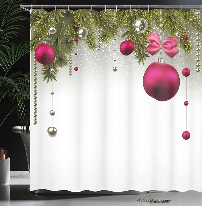 Ambesonne Christmas Shower Curtain, Vivid Fir Twigs and Magenta Balls Framework Special Day Preparation, Cloth Fabric Bathroom Decor Set with Hooks, 69" W x 75" L, Magenta Olive Green Grey