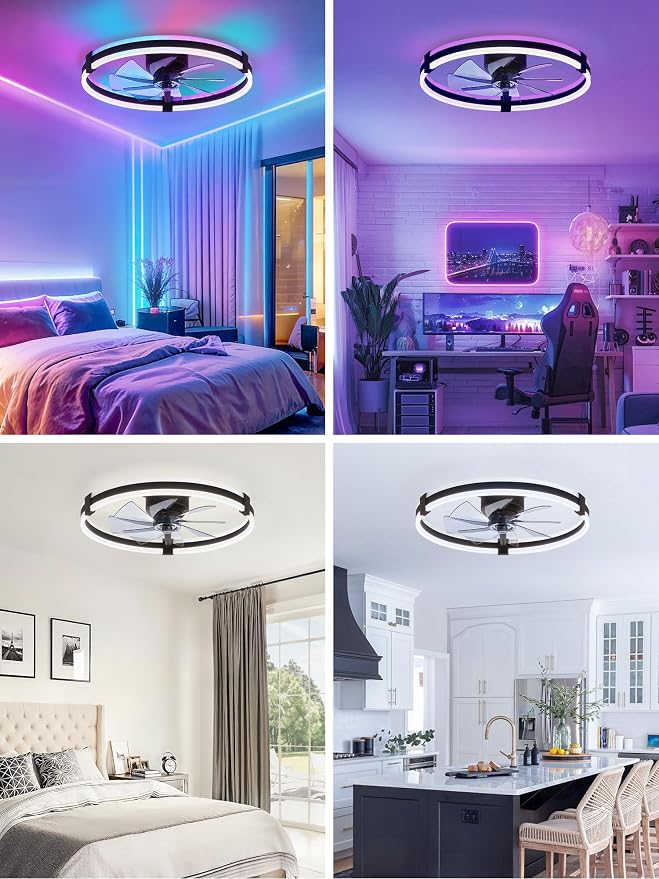 ZMISHIBO RGB Ceiling Fans with Lights and Remote, 23 inch Low Profile Ceiling Fan with Light, 3000K-6000K Dimmable & RGB, Modern Fandelier Flush Mount Ceiling Fan, Small LED Fan for Bedroom,Black