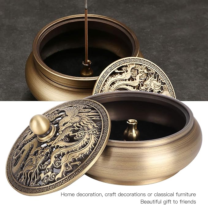 Incense Burner Holder, Antique Brass Dragon Incense Cone Burner with Incense Stick Holder for Cone Incense, Charcoal Disc, Coil Incense, 3.5 x 2.4in