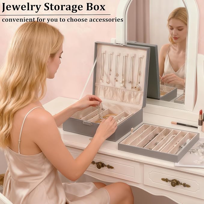BEWISHOME Jewelry Box Organizer, 2-Layer Necklace Organizer Box, Modern Style Necklace And Bracelet Storage Case, Necklace Case for Women, Girls Mothers Day (Grey SSH31H)