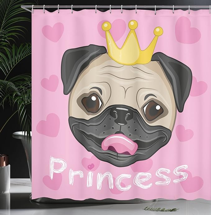 Ambesonne Feminine Shower Curtain, Happy Smiling Cartoon and Pug Dog with Tiara Pink Hearts on Background, Cloth Fabric Bathroom Decor Set with Hooks, 69" W x 70" L, Yellow Black and Pink