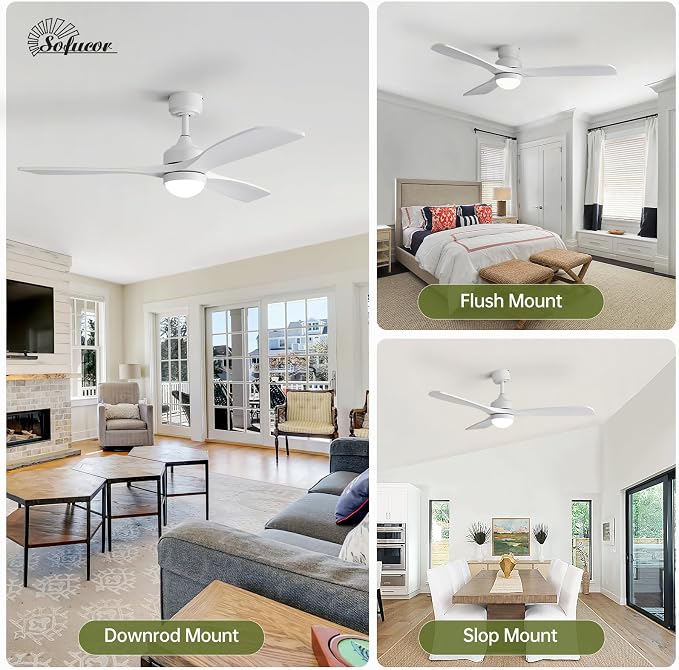 Sofucor 52" Solid Wood Ceiling Fan Lights, Flush Mount & Downrod Mount Ceiling Fan with Lights and Remote, Wood Blades Modern Outdoor Ceiling Fans for Bedroom/Farmhouse/Patio/Indoor