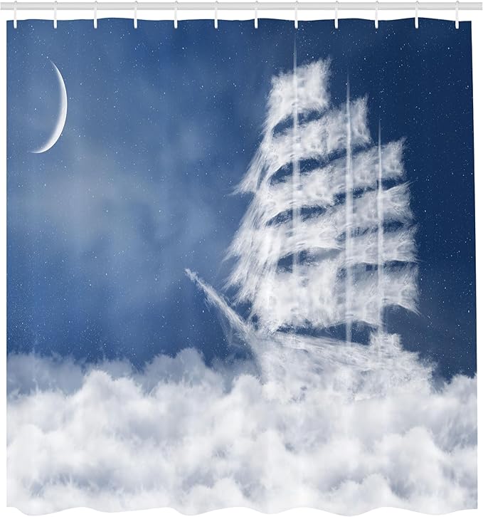 Ambesonne Nautical Shower Curtain, Yacht in The Ocean Madend Shaped with Fluffy Cloudstmospheric Imaginary Sky, Cloth Fabric Bathroom Decor Set with Hooks, 69" W x 70" L, Blue Cream