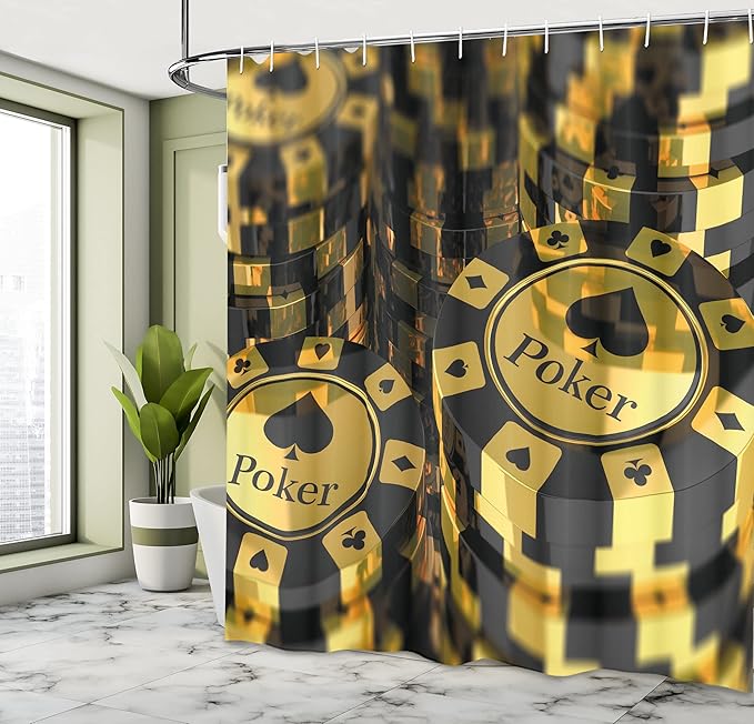 Ambesonne Poker Tournament Shower Curtain, Yellow and Black Poker Chips in Gambling Club Currency Stack Wager Print, Cloth Fabric Bathroom Decor Set with Hooks, 69" W x 70" L, Yellow Black