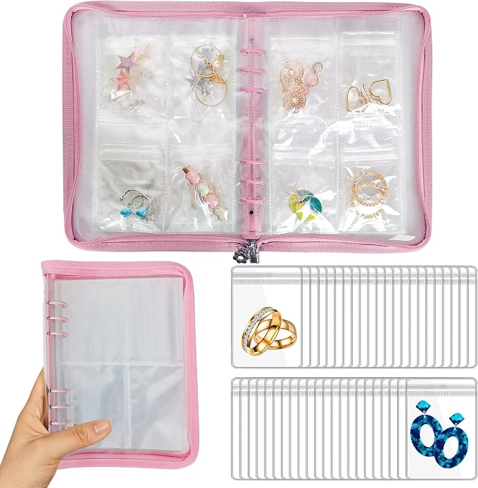 Earring Organizer Case Travel Jewelry Organizer Transparent Jewelry Storage Book for Necklace Bracelet Ring Holder with Small Clear Zippered Pouch