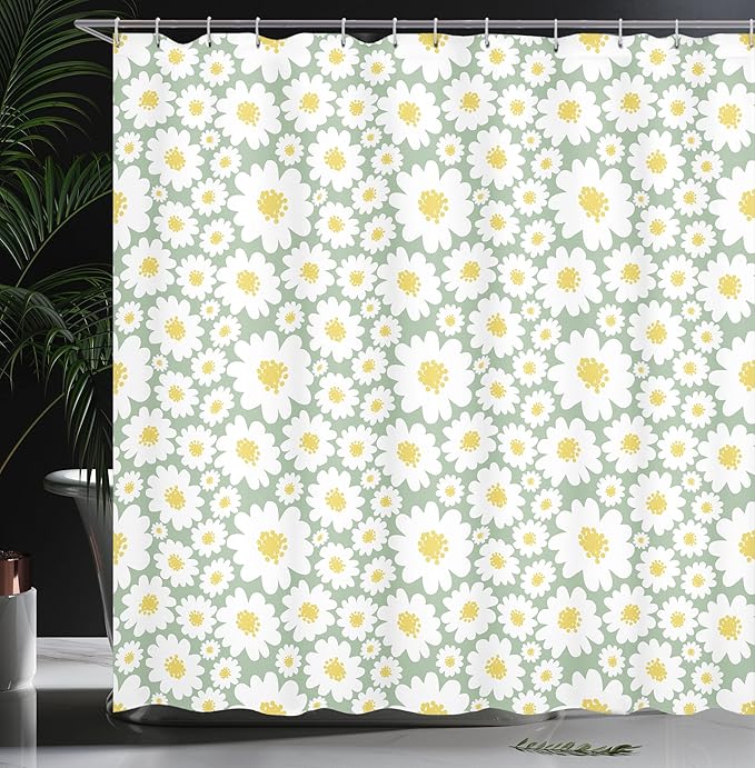 Ambesonne Floral Shower Curtain, Pastel Cartoon Like Flowers Daisies Spring Time Season Artwork Print, Cloth Fabric Bathroom Decor Set with Hooks, 69" W x 70" L, Pale Green