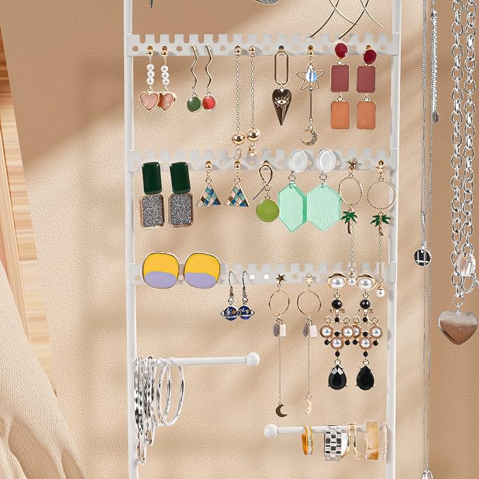ProCase Jewelry Organizer Stand Earring Holder Organizer, 6 Tiers Earring Organizer Tree Necklace Rack Jewellery Tower Bracelets Holder Storage with Removable Wooden Ring Tray for Women Girls -White