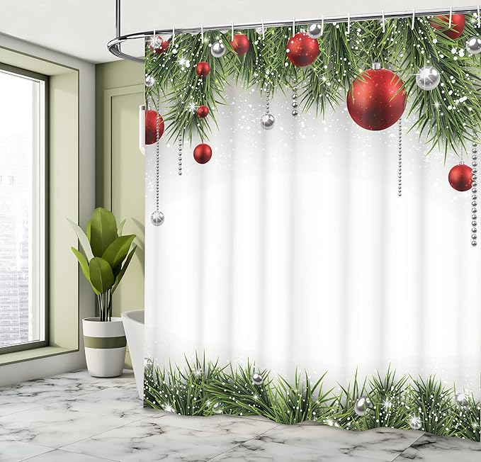 Ambesonne Christmas Shower Curtain, Classical Christmas Ornaments and Baubles Coniferous Pine Tree Twig Tinsel Print, Cloth Fabric Bathroom Decor Set with Hooks, 69" W x 70" L, Green Red