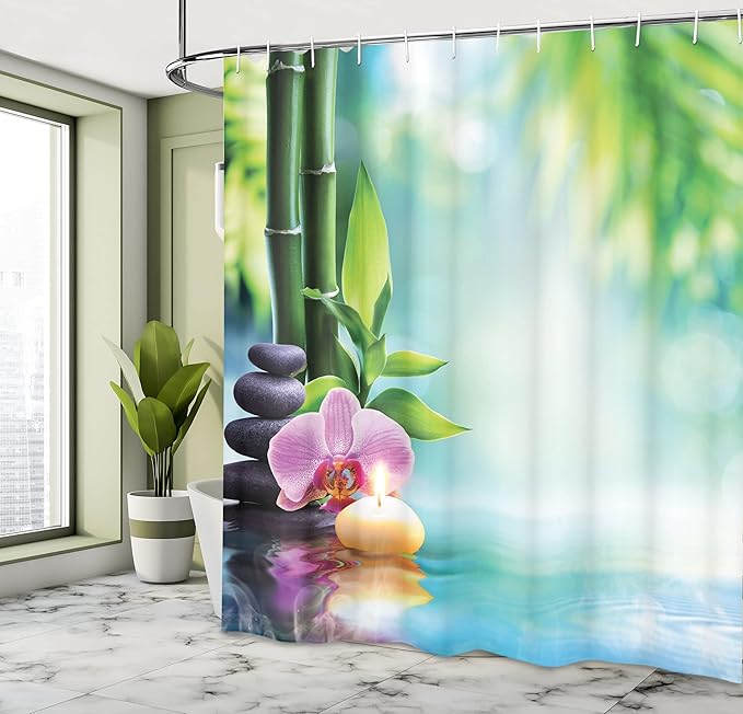 Ambesonne Spa Shower Curtain, Symbolic Features Candle and Bamboos Tranquil and Thoughtful Life Nature Print, Cloth Fabric Bathroom Decor Set with Hooks, 69" W x 75" L, Blue Black