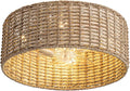 Handwoven Boho Rattan Ceiling Fan with Light,Flush Mount Caged Ceiling Fans with Lights and Remote Control,Low Profile Enclosed 6 Speeds Fandelier for Bedroom Living Dining Room,4-Light