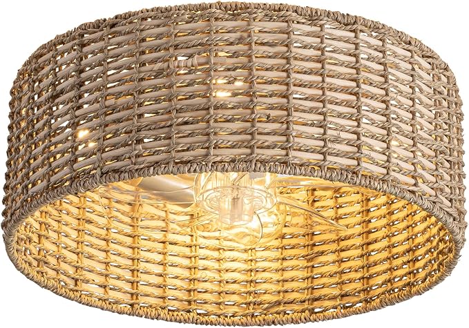 Handwoven Boho Rattan Ceiling Fan with Light,Flush Mount Caged Ceiling Fans with Lights and Remote Control,Low Profile Enclosed 6 Speeds Fandelier for Bedroom Living Dining Room,4-Light