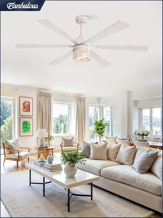 65 Inch Modern Ceiling Fans with Lights and Remote,Farmhouse Large Ceiling Fan with 6-Speed Reversible DC Motor and 6 Dual Finish Blades,White Ceiling Fan with Light for Living Bedroom Patio